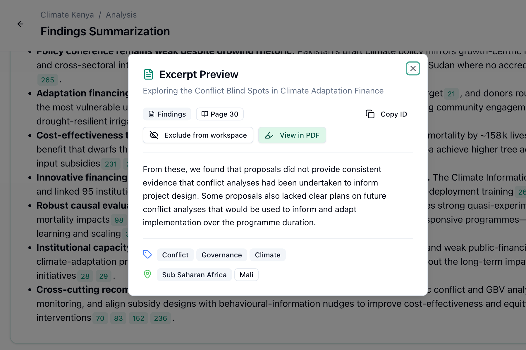 Excerpt preview showing the source document, section, page reference, taxonomy tags and a View in PDF action