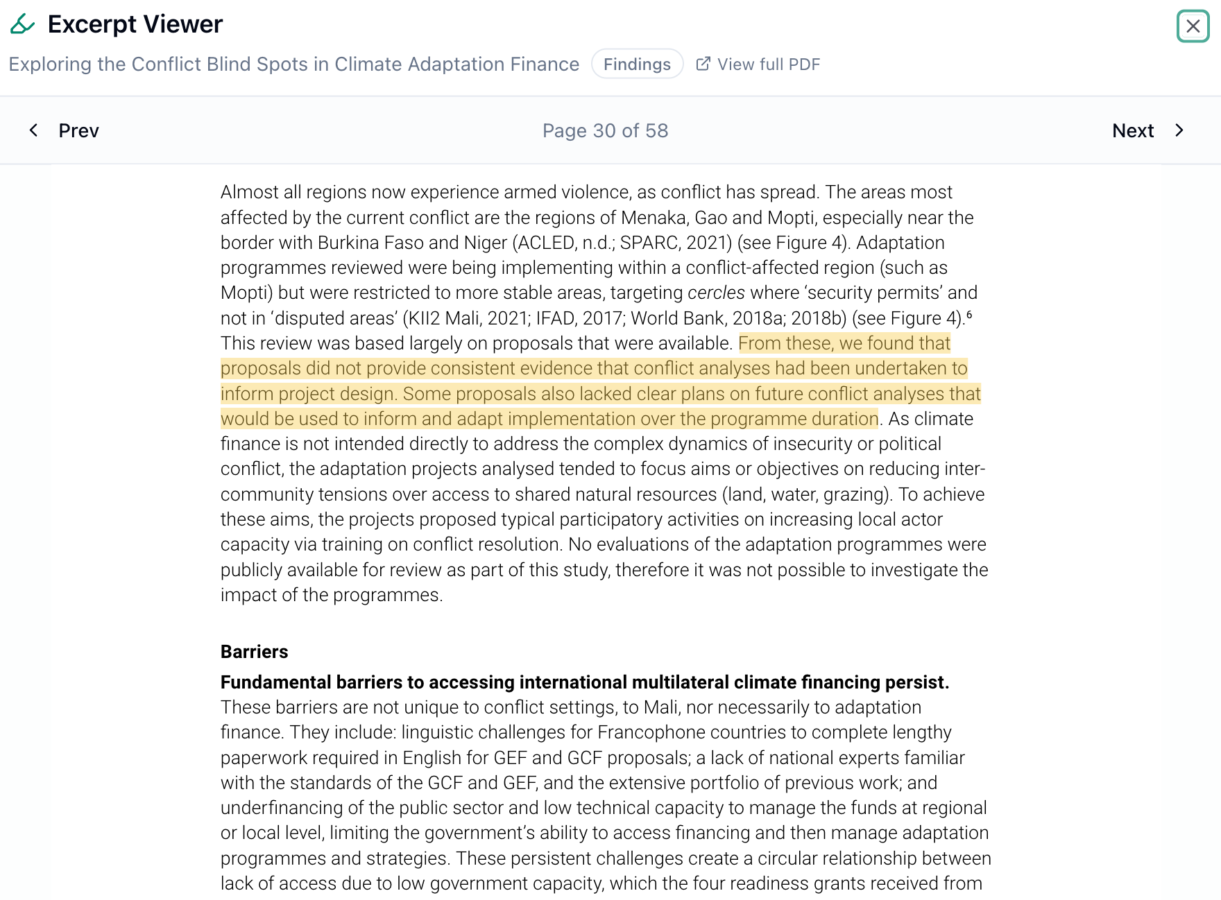 Excerpt viewer showing the original PDF page with the cited passage highlighted in context